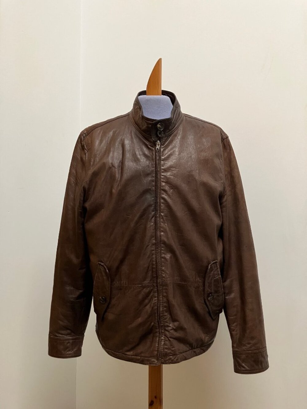 Tommy Hilfiger Genuine Leather Bomber Jacket Mens L Flannel Plaid Lined Brown